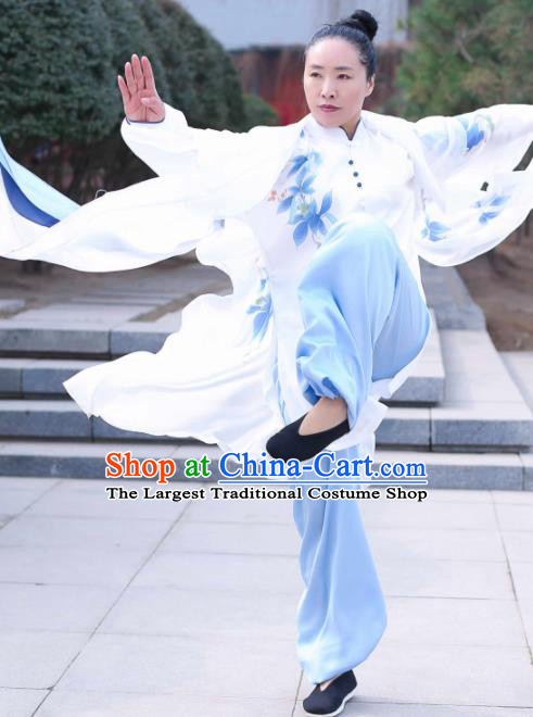 Chinese Traditional Kung Fu Competition Costume Martial Arts Tai Chi Printing Blue Flowers Clothing for Women