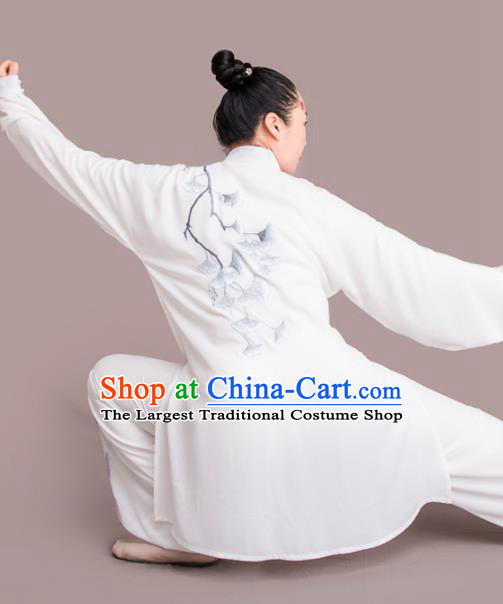 Chinese Traditional Kung Fu Competition Embroidered Ginkgo Leaf White Costume Martial Arts Tai Chi Clothing for Women