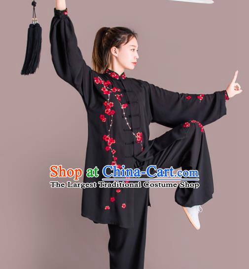 Chinese Traditional Kung Fu Competition Black Costume Martial Arts Tai Chi Embroidered Plum Blossom Clothing for Women