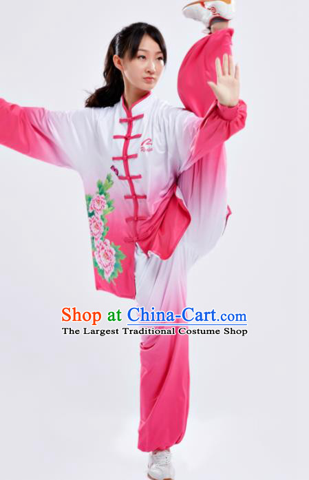 Chinese Traditional Kung Fu Competition Costume Martial Arts Tai Chi Printing Peony Rosy Clothing for Women