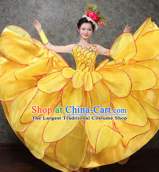 Chinese Traditional Spring Festival Gala Dance Costume Opening Dance Modern Dance Yellow Flower Dress for Women