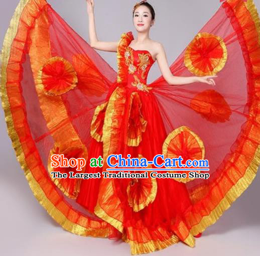 Chinese Traditional Spring Festival Gala Dance Costume Opening Dance Stage Performance Red Veil Dress for Women