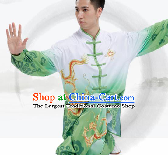Chinese Traditional Kung Fu Competition Printing Dragon Green Costume Tai Chi Martial Arts Clothing for Men