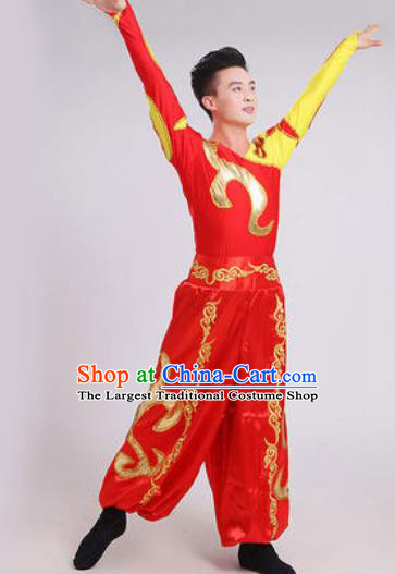 Chinese Traditional Drum Dance Red Costume Folk Dance Stage Performance Clothing for Men