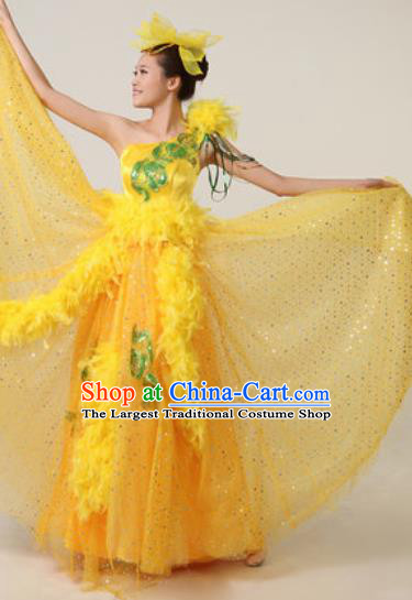 Chinese Traditional Opening Dance Yellow Feather Dress Spring Festival Gala Stage Performance Costume for Women