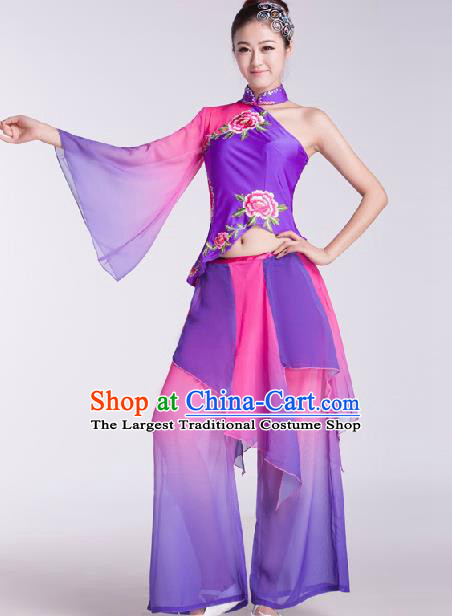 Chinese Traditional Fan Dance Purple Dress Folk Dance Stage Performance Clothing for Women