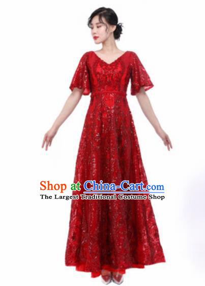 Chinese Traditional Chorus Wine Red Dress Opening Dance Stage Performance Costume for Women