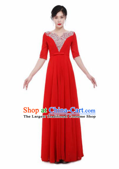 Top Grade Chorus Diamante Red Dress Opening Dance Stage Performance Costume for Women