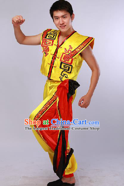 Chinese Traditional Fan Dance Costume Folk Dance Stage Performance Yellow Clothing for Men