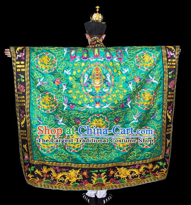 Chinese Traditional Taoism Costume National Taoist Priest Embroidered Dragons Green Cassock for Men