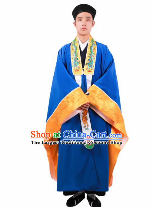 Chinese Traditional Taoism Costume National Taoist Priest Embroidered Bagua Blue Cassock for Men
