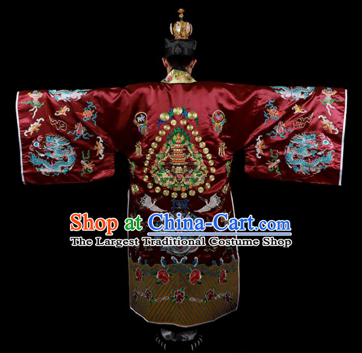 Chinese National Taoist Priest Embroidered Cranes Wine Red Cassock Traditional Taoism Costume for Men