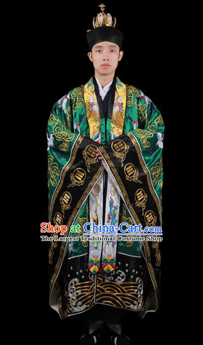 Chinese National Taoist Priest Embroidered Cranes Green Cassock Traditional Taoism Costume for Men