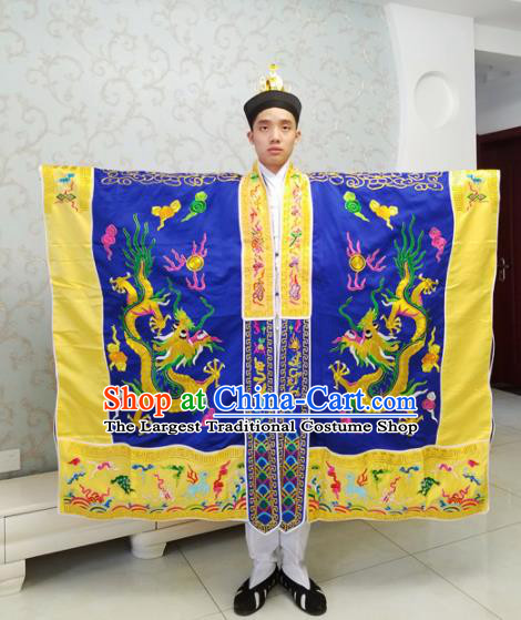 Chinese National Taoism Embroidered Dragons Royalblue Cassock Traditional Taoist Priest Rites Costume for Men