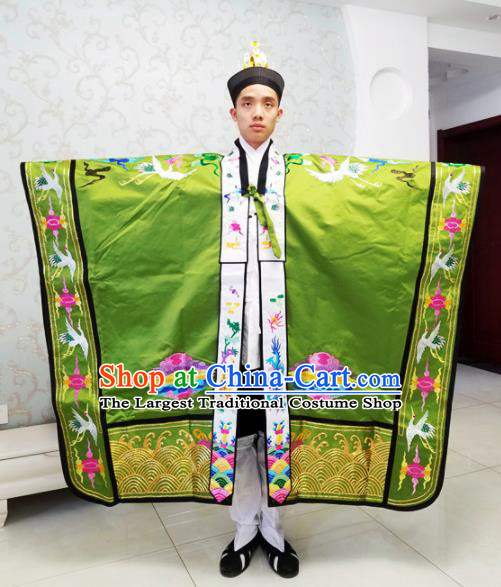 Chinese National Taoism Embroidered Cranes Green Cassock Traditional Taoist Priest Rites Costume for Men