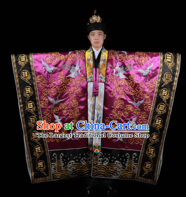 Chinese National Taoism Embroidered Cranes Rosy Cassock Traditional Taoist Priest Rites Costume for Men