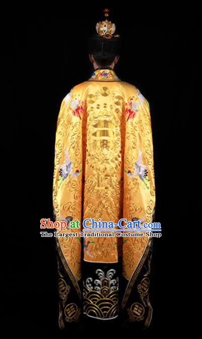 Chinese National Taoism Embroidered Cranes Yellow Cassock Traditional Taoist Priest Rites Costume for Men