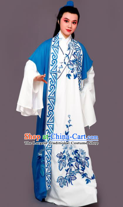 Chinese Traditional Peking Opera Nobility Childe Blue Embroidered Robe Beijing Opera Niche Costume for Men