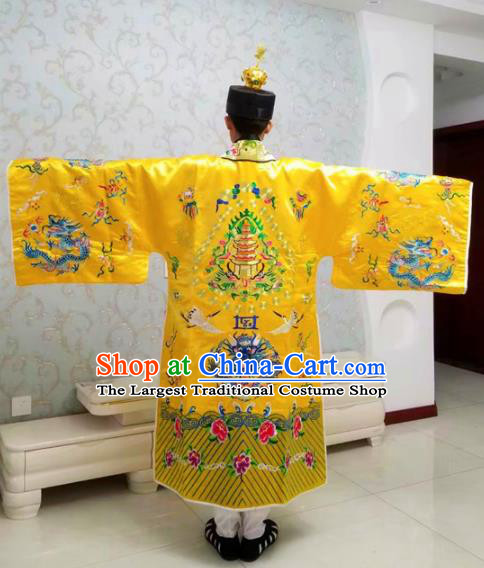 Chinese National Taoism Embroidered Dragons Yellow Priest Frock Cassock Traditional Taoist Priest Rites Costume for Men
