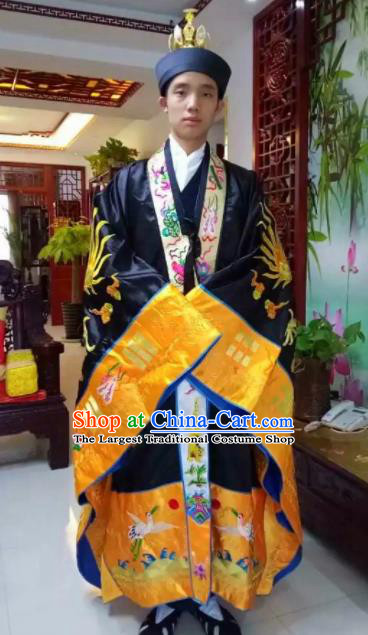Chinese National Taoism Embroidered Dragons Black Priest Frock Cassock Traditional Taoist Priest Rites Costume for Men