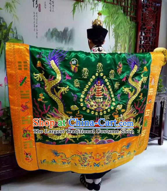 Chinese National Taoism Embroidered Dragons Green Priest Frock Cassock Traditional Taoist Priest Rites Costume for Men