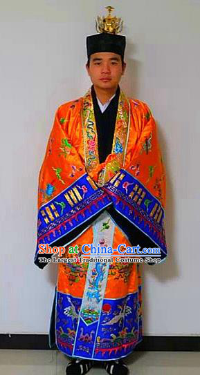 Chinese National Taoism Priest Frock Embroidered Tower Golden Cassock Traditional Taoist Priest Rites Costume for Men