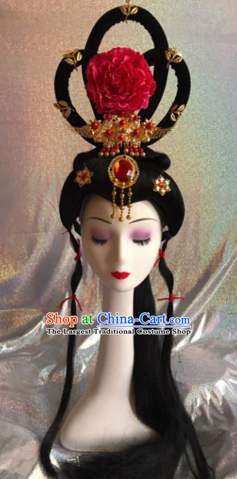 Chinese Traditional Beijing Opera Princess Wigs and Red Peony Hairpins Peking Opera Diva Hair Accessories for Women