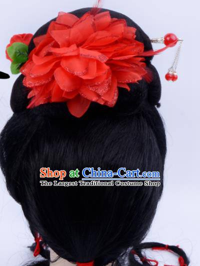 Chinese Traditional Beijing Opera Wig Sheath and Red Flower Hairpins Peking Opera Peri Hair Accessories for Women