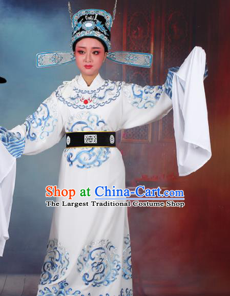 Chinese Traditional Peking Opera Number One Scholar White Embroidered Robe Beijing Opera Niche Costume for Men