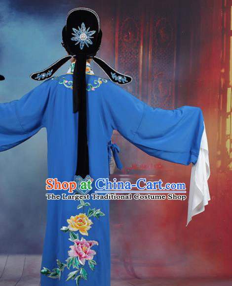 Chinese Traditional Peking Opera Niche Embroidered Peony Blue Robe Beijing Opera Scholar Costume for Men