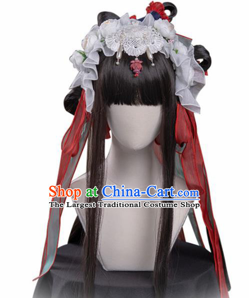 Chinese Traditional Cosplay Wigs Ancient Moon Goddess Peri Wig Sheath and Hairpins Hair Accessories for Women
