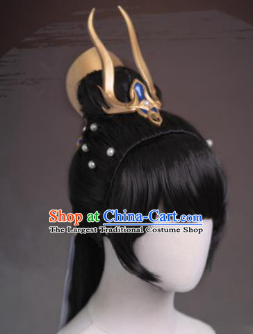 Chinese Traditional Cosplay Female Knight Wigs Ancient Swordswoman Wig Sheath and Hairpins Hair Accessories for Women