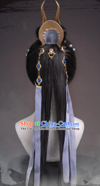 Chinese Traditional Cosplay Female Knight Wigs Ancient Swordswoman Wig Sheath and Hairpins Hair Accessories for Women