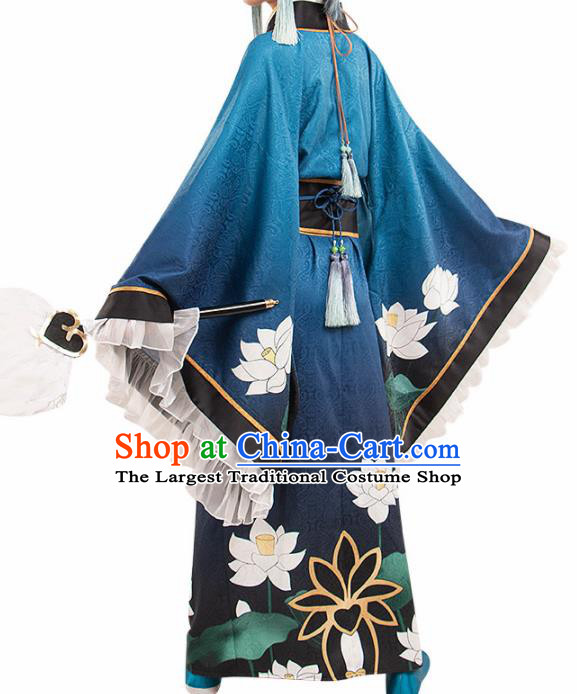 Chinese Traditional Ancient Swordsman Blue Costume Cosplay Japanese Warrior Clothing for Men
