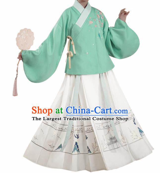 Chinese Traditional Ming Dynasty Green Blouse and White Skirt Ancient Nobility Lady Costume for Women