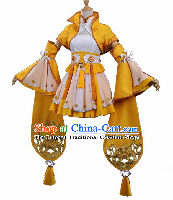 Traditional Halloween Cosplay Swordswoman Costume Ancient Female Knight Yellow Hanfu Dress for Women