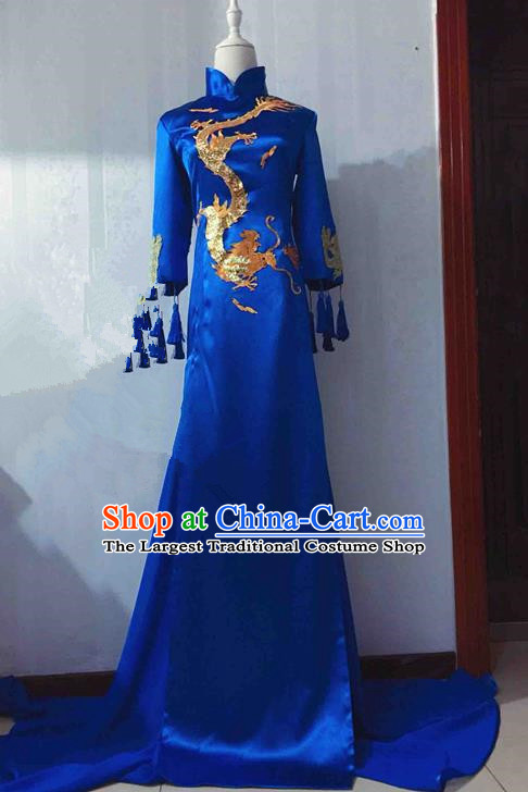 Traditional Chinese Modern Fancywork Costume National Embroidered Dragon Blue Qipao Dress for Women