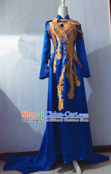 Traditional Chinese Modern Fancywork Costume National Embroidered Phoenix Blue Qipao Dress for Women
