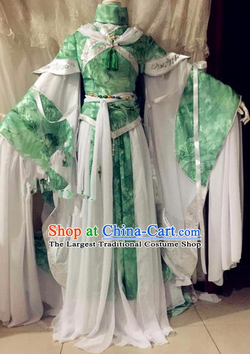 Chinese Traditional Cosplay Swordswoman Costume Ancient Peri Princess Green Hanfu Dress for Women