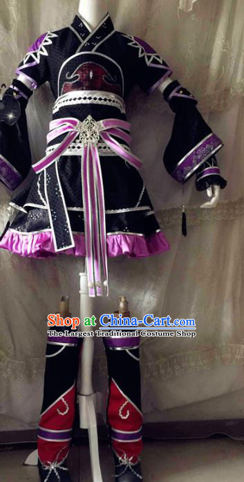 Chinese Traditional Cosplay Swordswoman Costume Ancient Peri Princess Black Hanfu Dress for Women