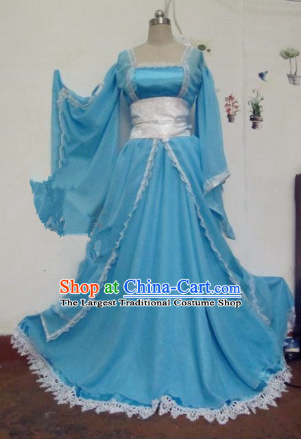 Chinese Traditional Cosplay Tang Dynasty Princess Costume Ancient Peri Blue Hanfu Dress for Women