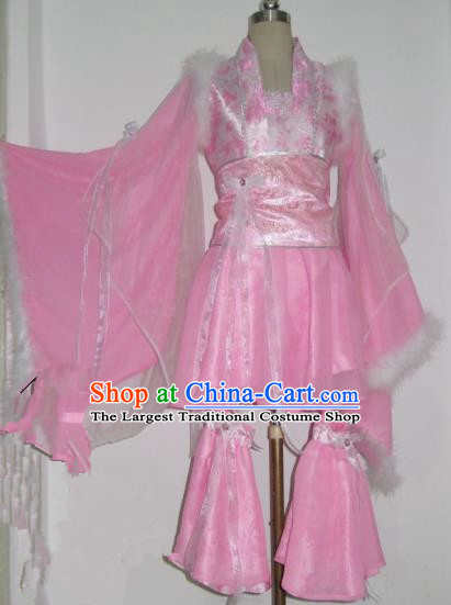 Chinese Traditional Cosplay Swordswoman Princess Costume Ancient Peri Pink Hanfu Dress for Women