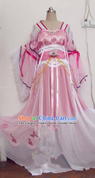 Chinese Traditional Cosplay Princess Swordswoman Costume Ancient Peri Goddess Rosy Hanfu Dress for Women