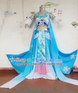 Chinese Traditional Cosplay Female Swordsman Costume Ancient Peri Blue Hanfu Dress for Women