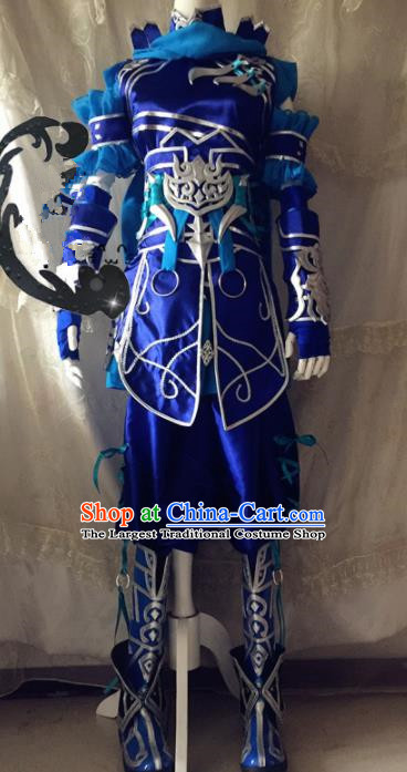 Chinese Traditional Cosplay General Blue Armour Costume Ancient Swordsman Hanfu Clothing for Men