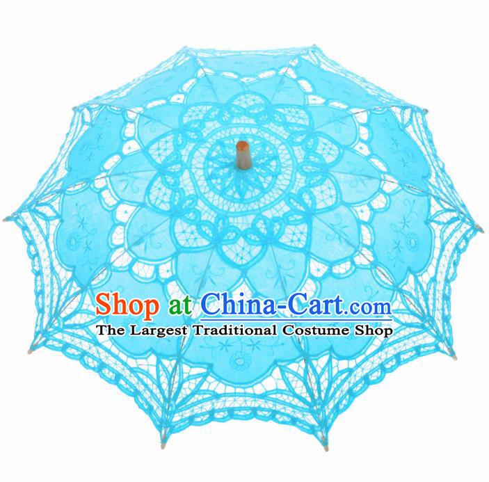 Chinese Traditional Photography Prop Blue Lace Umbrella Handmade Umbrellas