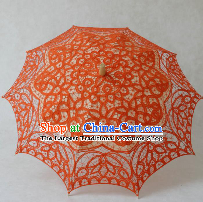 Chinese Traditional Photography Prop Orange Lace Umbrella Handmade Umbrellas