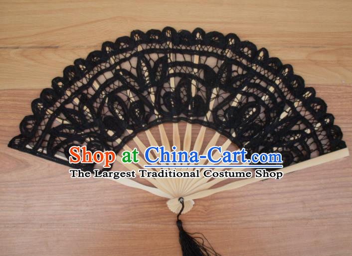 Chinese Traditional Black Lace Fans Handmade Folding Fan