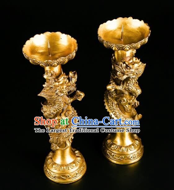Chinese Traditional Feng Shui Items Buddhism Brass Carving Dragon Candlestick Decoration