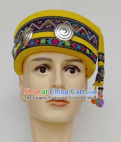 Chinese Traditional Ethnic Headwear Yao Nationality Bridegroom Embroidered Yellow Hat for Men
